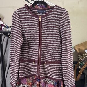 Jones New York Women's Burgundy and White Striped Vintage Style Cardigan